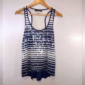 Vintage Weavers Y2K Sequin Lace Cami Sz M Tank Top Racerback Blue Hi-Lo Mermaid